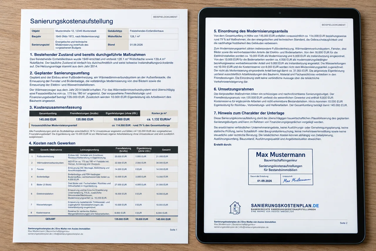 Beispielhafte Sanierungskostenaufstellung mit Kosten nach Gewerken, Eigen- und Fremdleistung, Gesamtkosten und Modernisierungsanteil